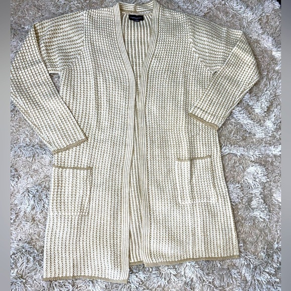 Fortune & Ivy Women L Striped Pockets Grunge Grandma Crochet Style Open Cardigan - Picture 1 of 7